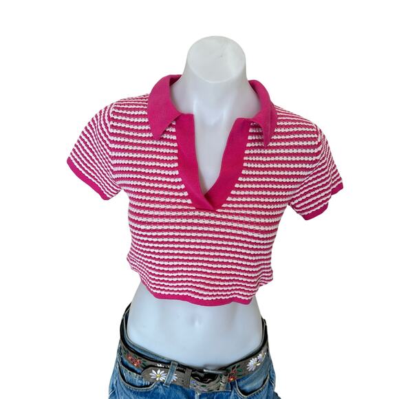 Derek Lam White Pink Polo Crop Top SMALL Baby Tee Striped Designer Preppy $220 - Picture 6 of 10